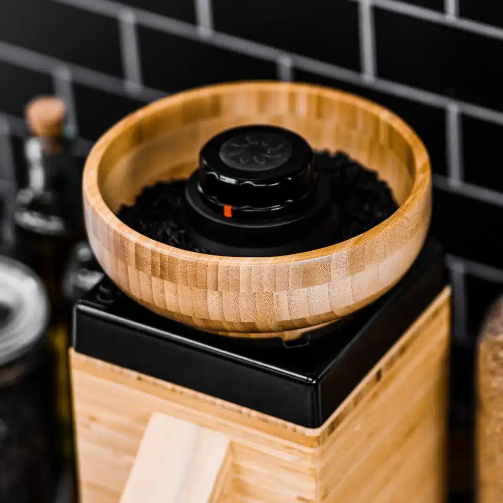 Wooden coffee grinder on kitchen counter