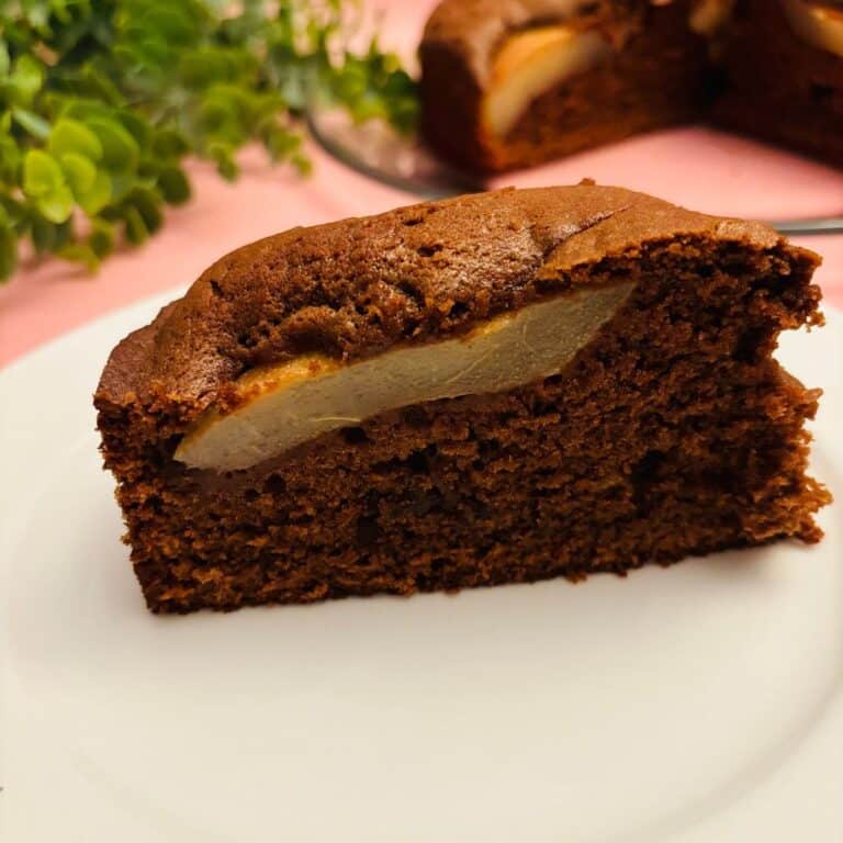Chocolate Pear Cake Slice on plate and cut