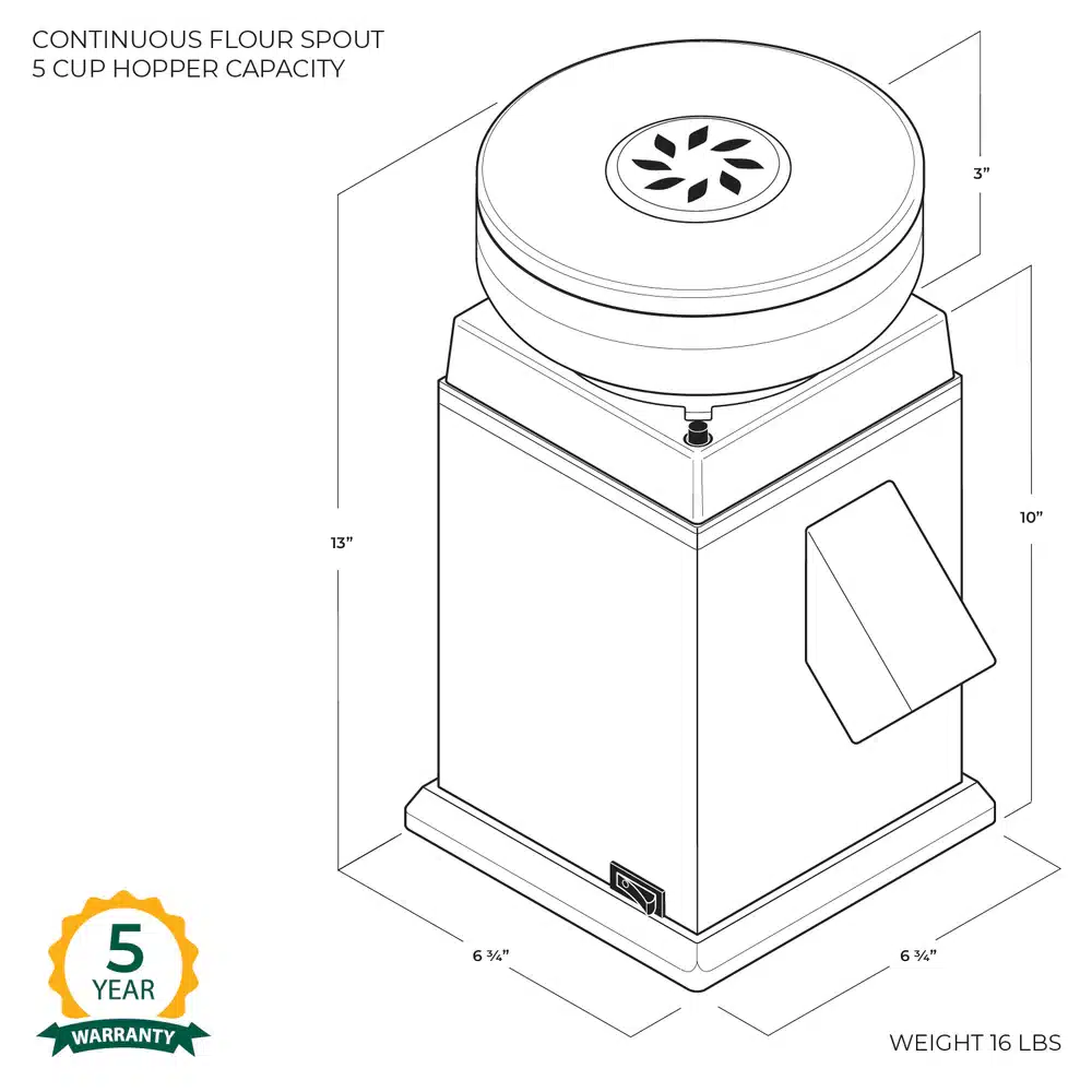 Diagram of grain mill with dimensions and warranty