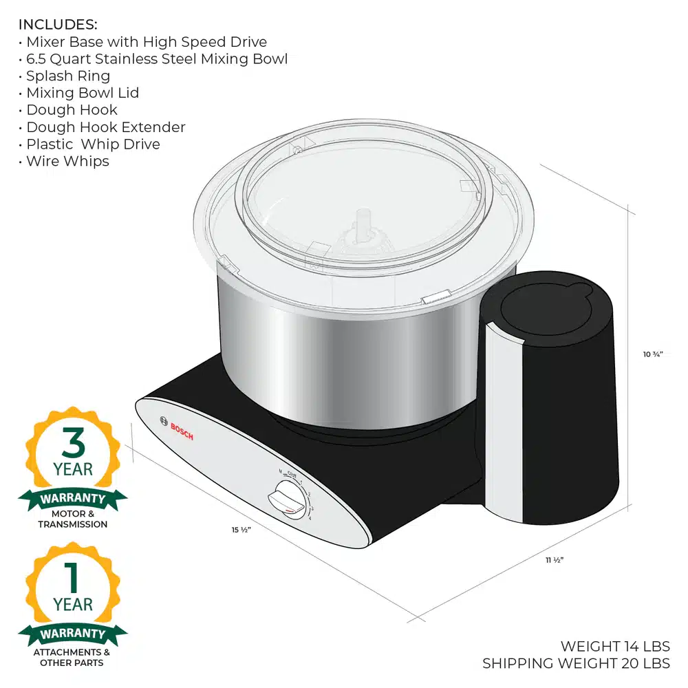 Bosch mixer with stainless steel bowl and accessories.