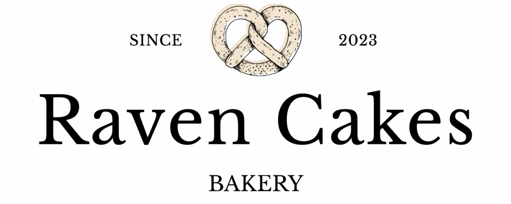 Raven Cakes Bakery logo with pretzel illustration.