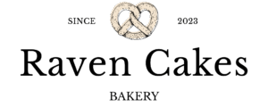 Raven Cakes Bakery logo with pretzel illustration.