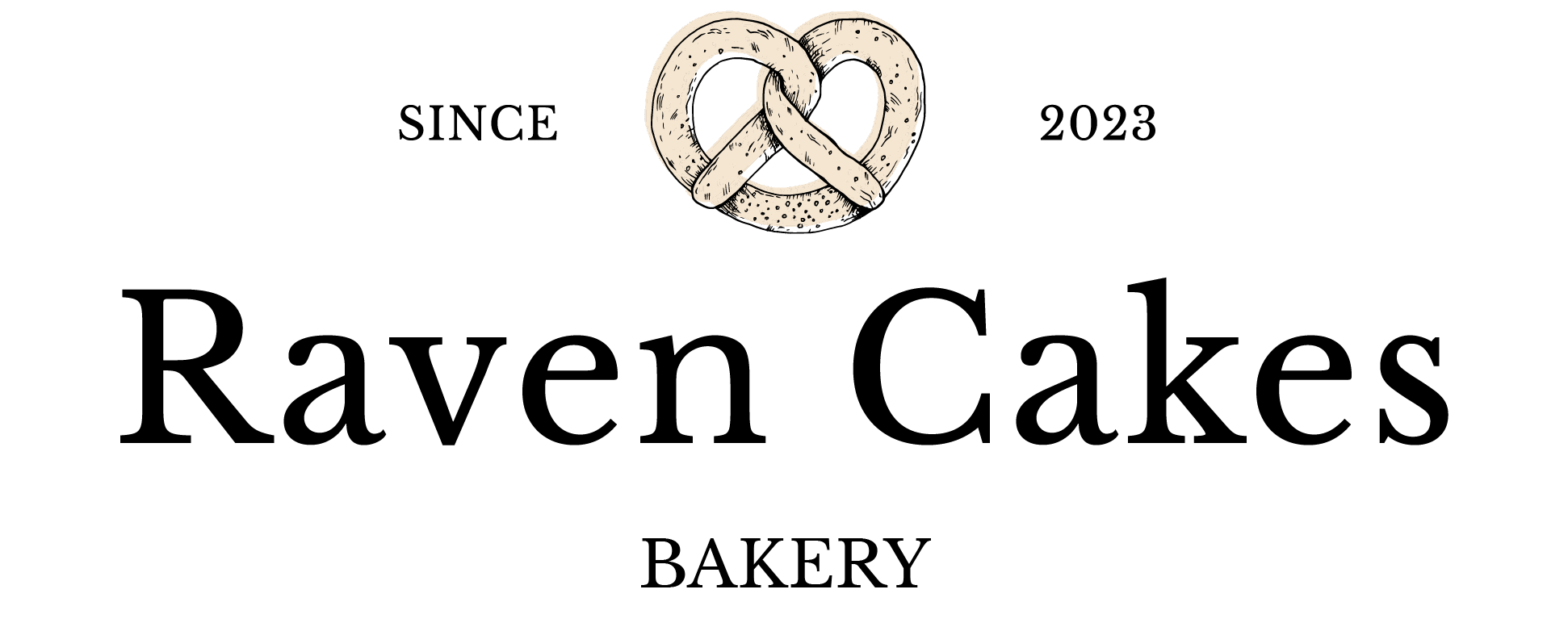 Raven Cakes Bakery logo with pretzel illustration.