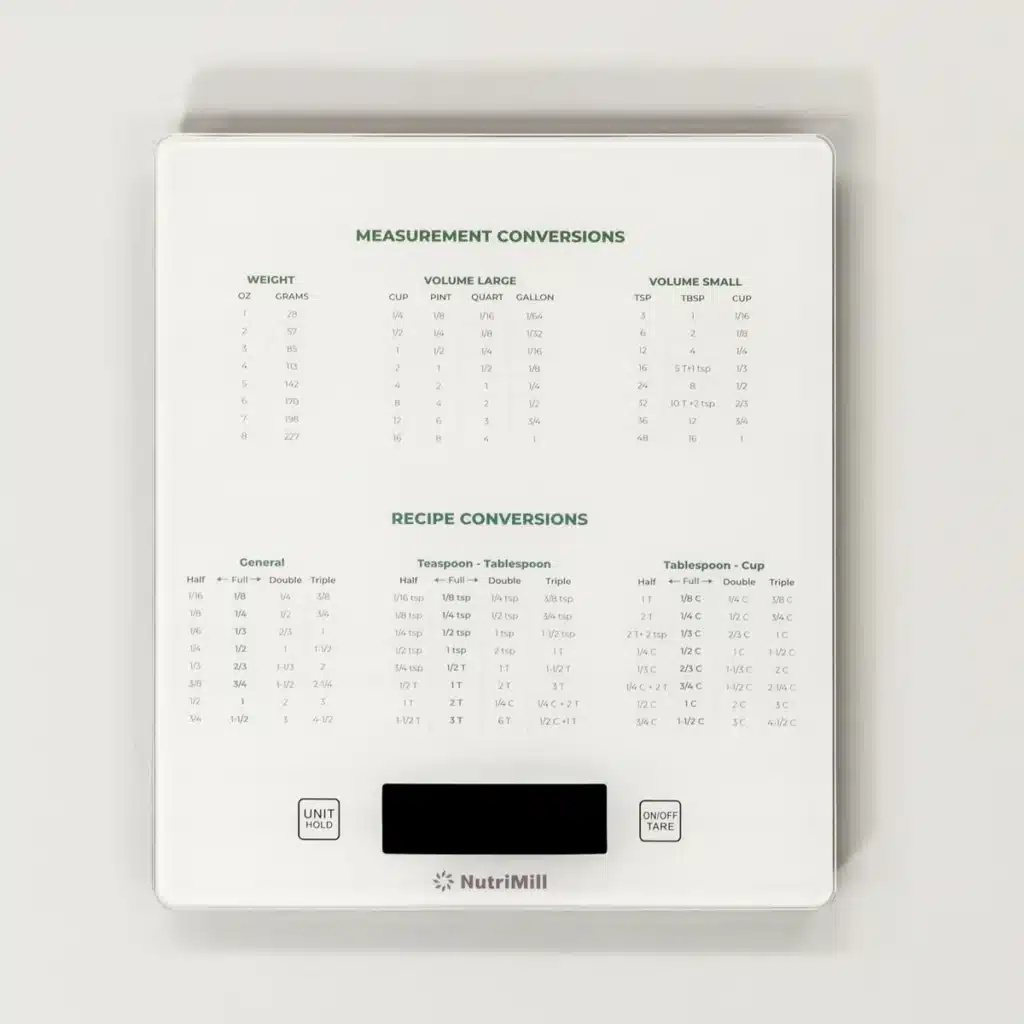 Digital kitchen scale with measurement and recipe conversions.
