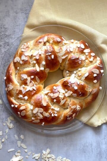 Braided Sweet Bread with Pearl Sugar and Sliced Almonds