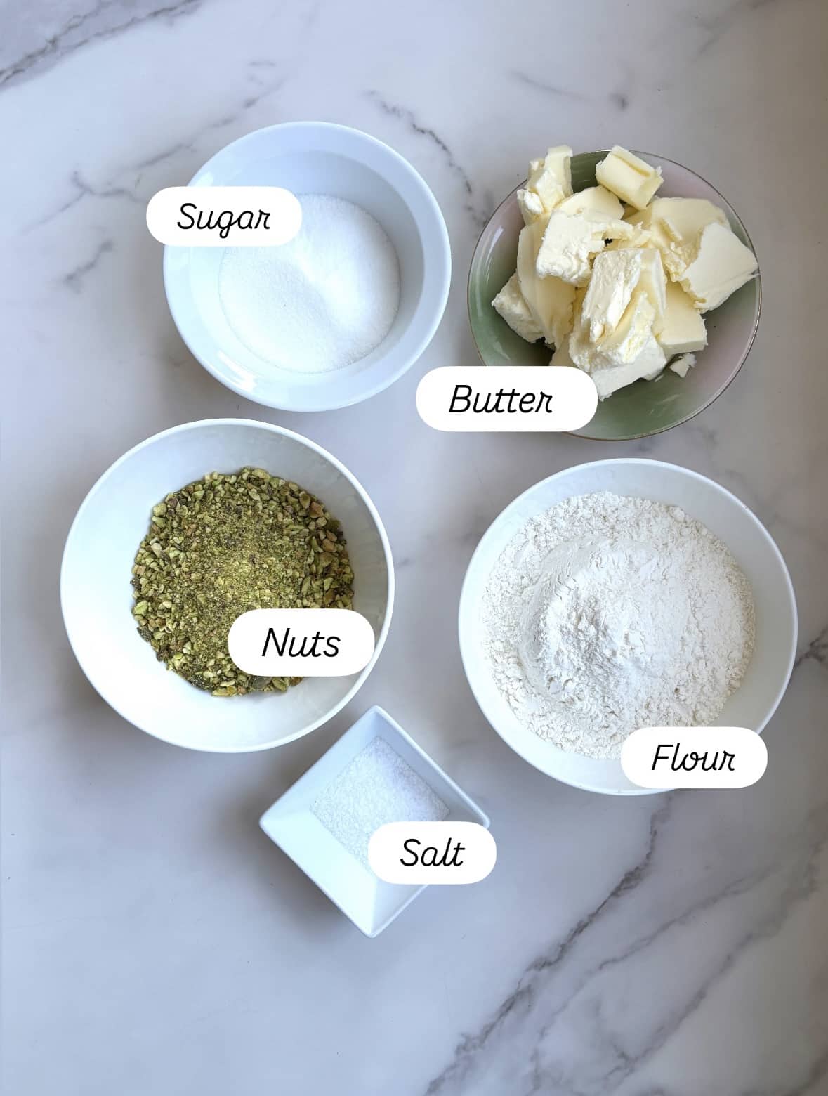 Ingredients: sugar, butter, nuts, flour, salt.