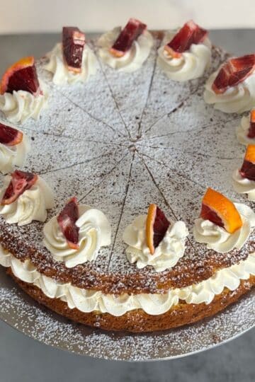 Carrot Blood Orange Olive Oil Cake with Cream and Powder Sugar