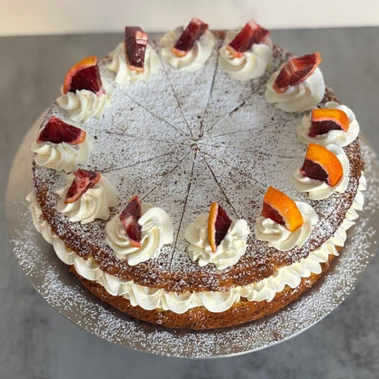 Carrot Blood Orange Olive Oil Cake with Cream and Powder Sugar