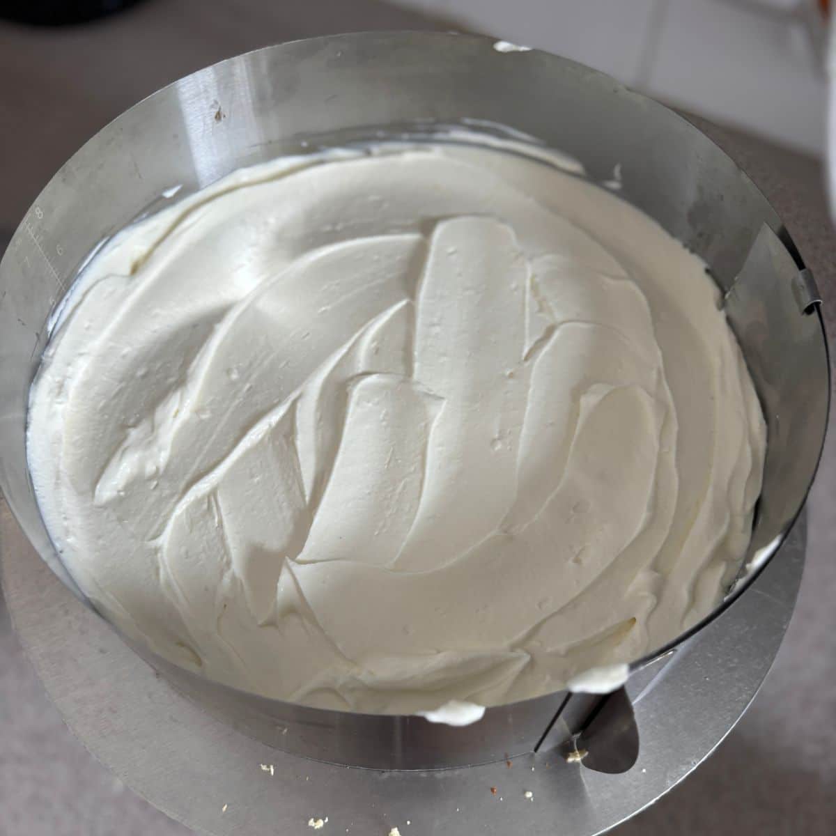 Mascarpone cream filling spread over sponge cake layer inside a cake ring
