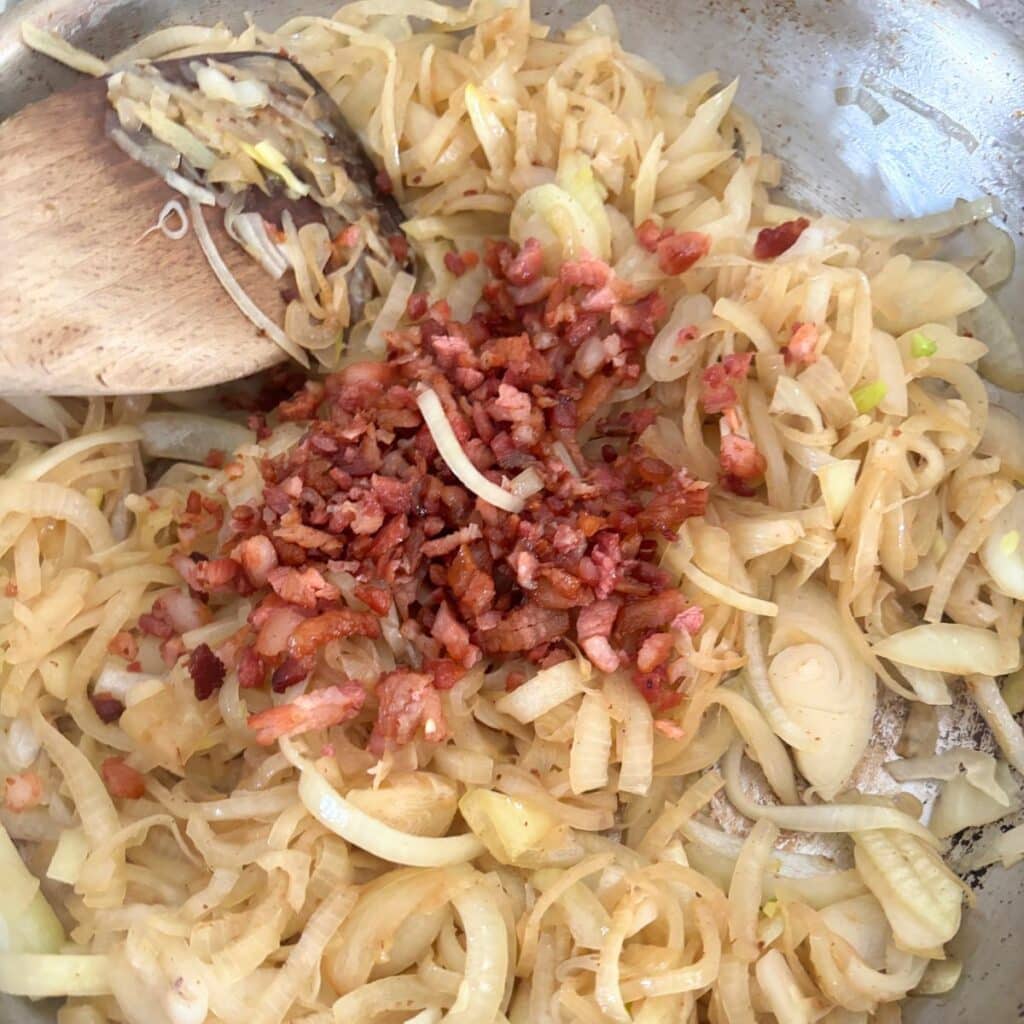 Onion and Speck Filling being sautéed for onion tart